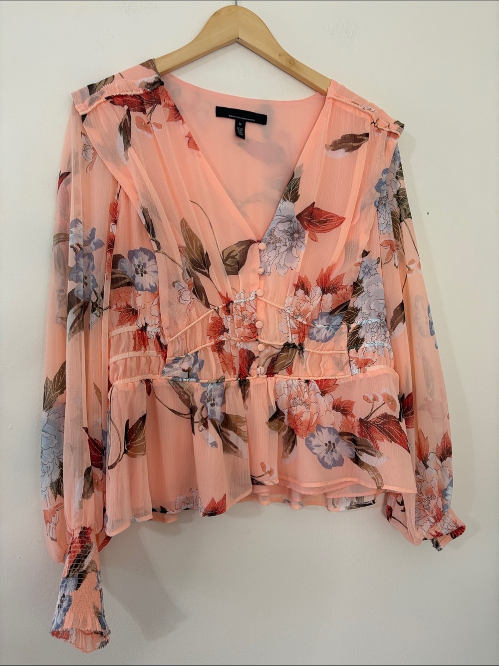 WHBM Light Pink Floral Blouse Top Shirt Sheer Sleeves Flowers Spring Chic Medium